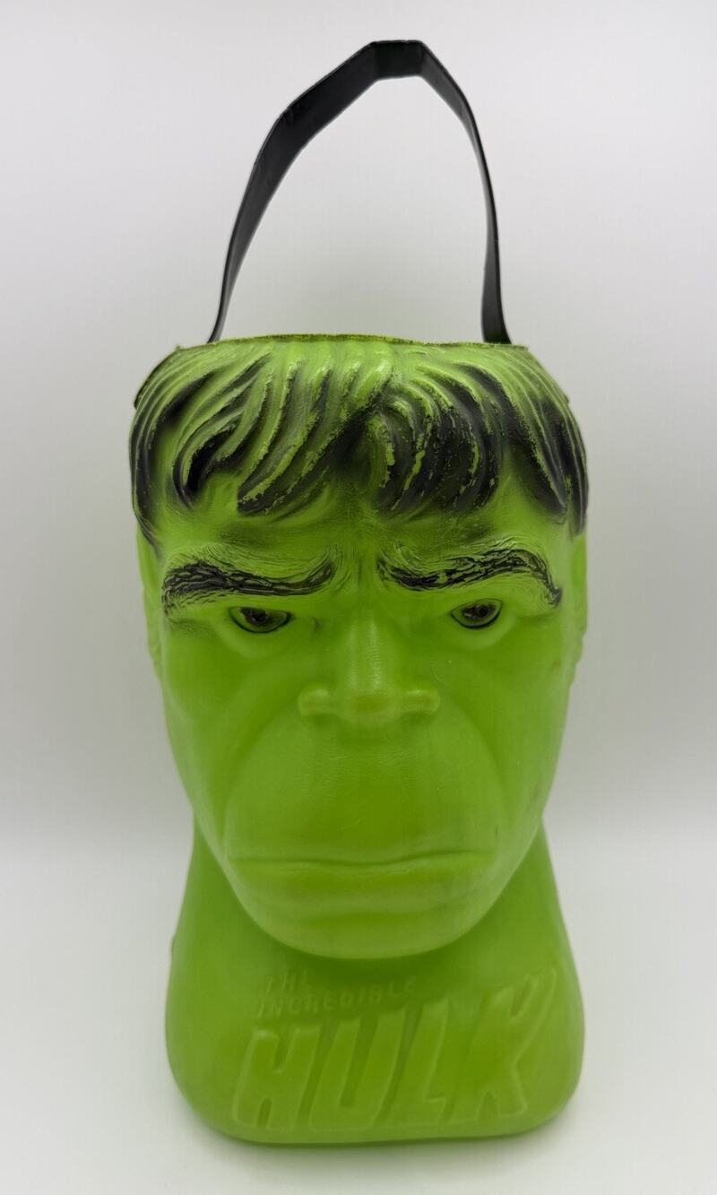 Vtg 1979 The Incredible Hulk Halloween Bucket Blow Mold Candy Green